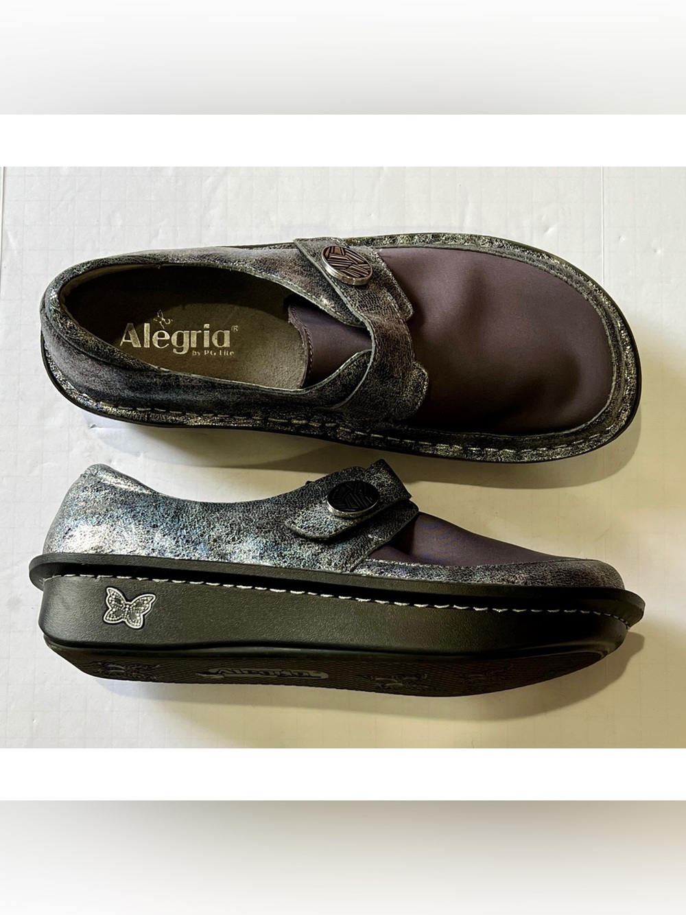 Alegria Den-735 metallic gray and plum slip on shoes US Women’s 8.5 EU 39